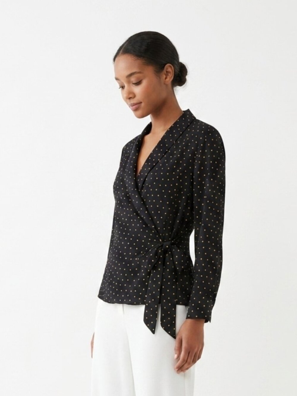 Zara Blouse Black Tan Polka Dot Wrap Coquette S